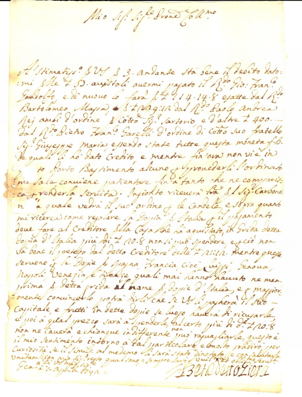 Manoscritto, lettera originale 1742 GENOVA Benedetto GIERA non trova al porto bastimenti per il sale 1