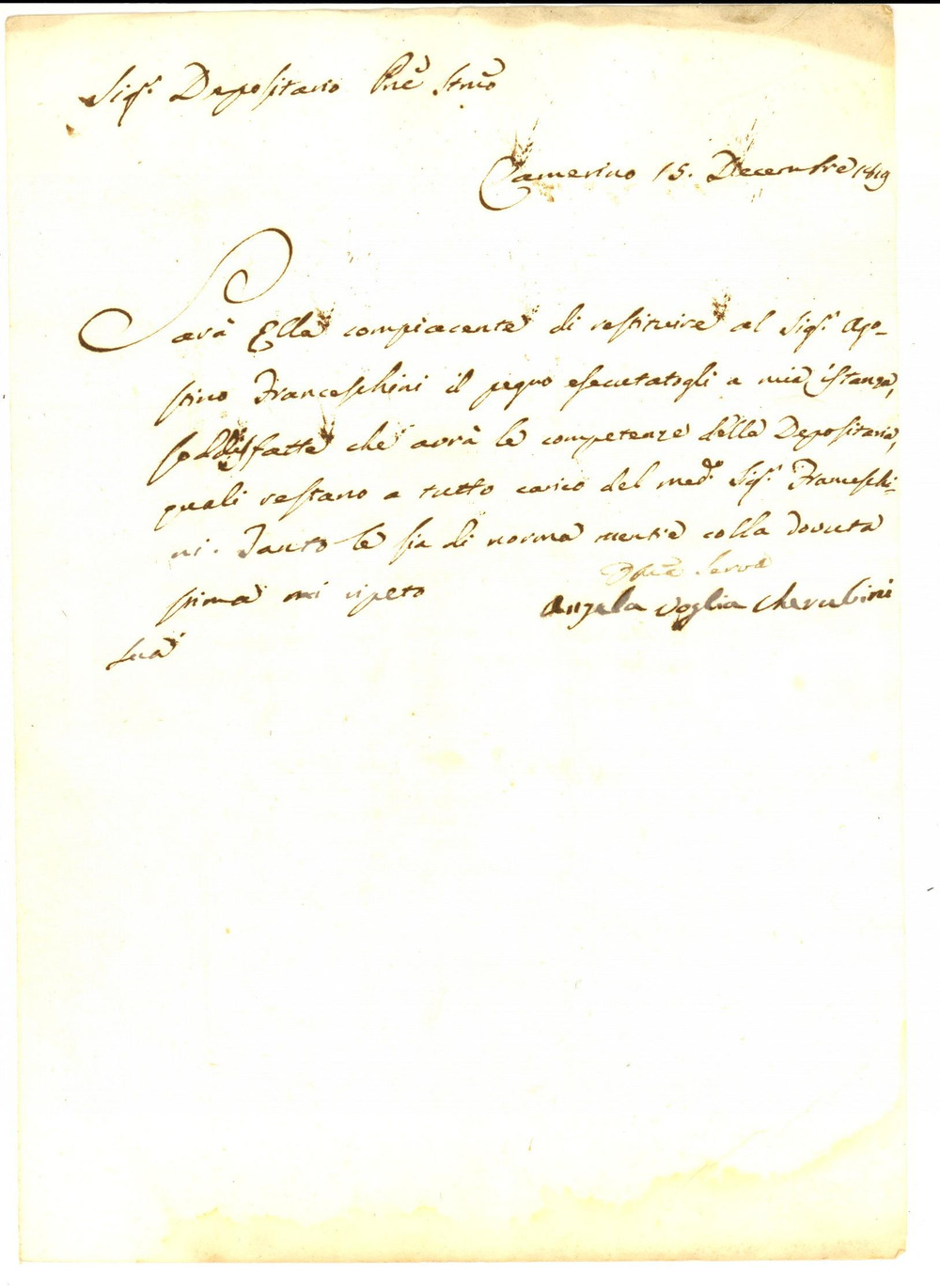 Manoscritto, lettera originale 1819 CAMERINO  Angela VOGLIA CHERUBINI chiede di restituire un pegno Lettera 1