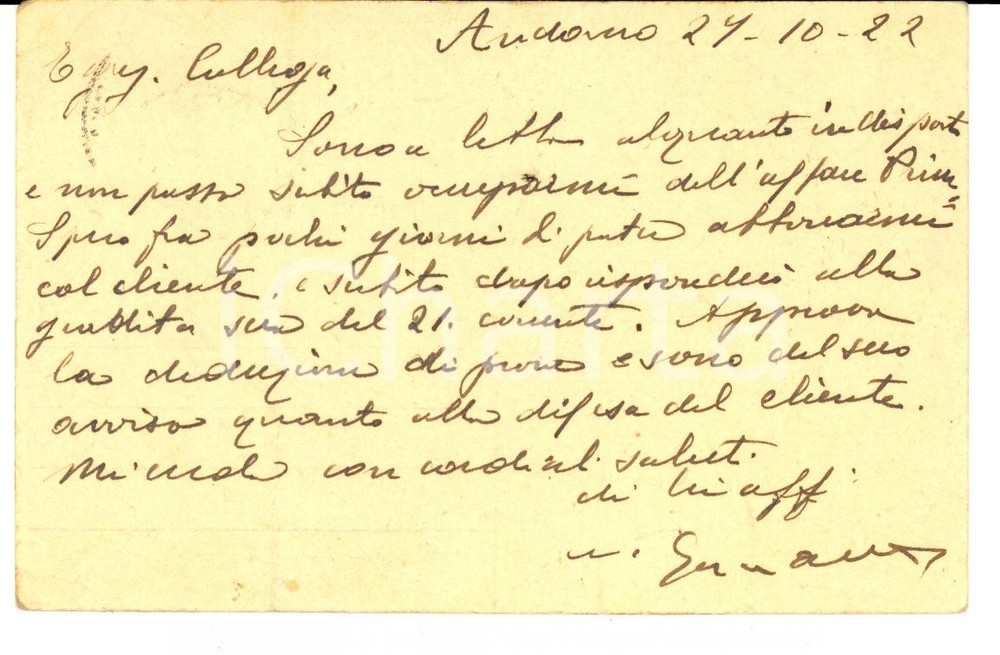 Autografo originale 1922 ANDORNO MICCA (BI) Avv. Andrea GUZZANO sull'affare PRINA *Autografo 1