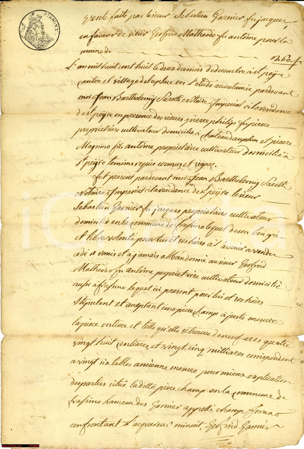 Documento originale, autentico 1808 FRASSINO (CN) Sebastiano GARNIERO vende a MATTEODO 1