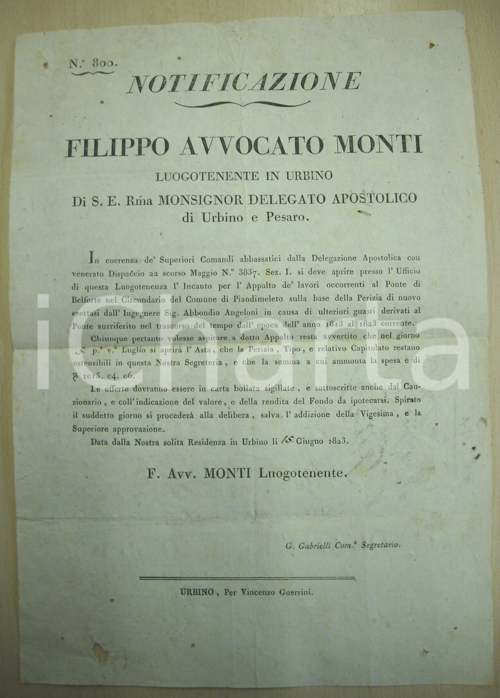 Documento originale, autentico 1823 BELFORTE ALL'ISAURO (PU) Appalto lavori al ponte 1