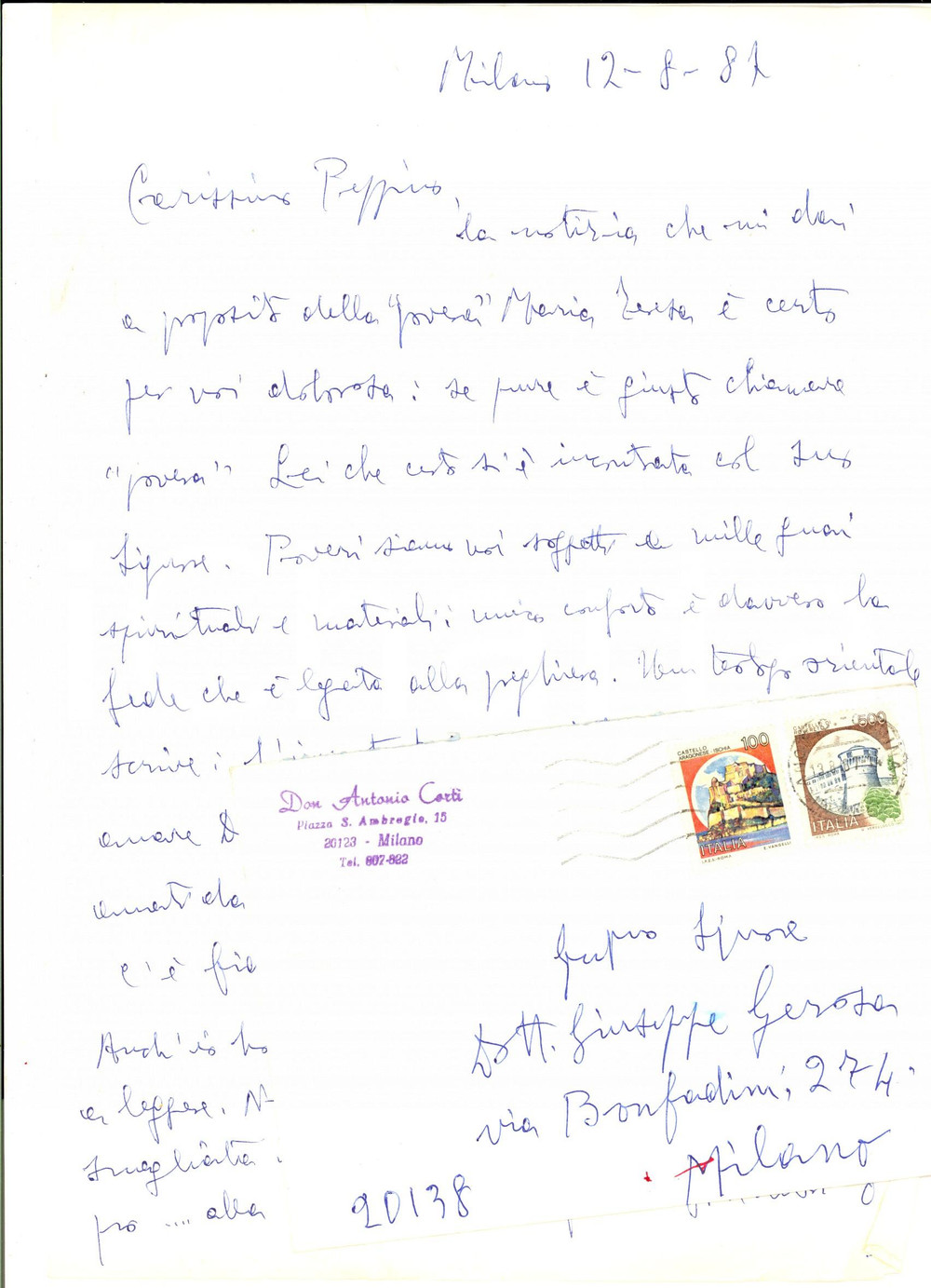 Autografo originale 1987 MILANO Don Antonio CORTI e l unico conforto della preghiera Lettera 1