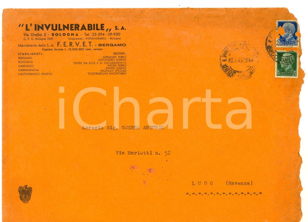 Oggetto da collezione cartaceo 1940 ca STORIA POSTALE BOLOGNA SocietÃ  L'INVULNERABILE Busta intestata 25x18 cm 1