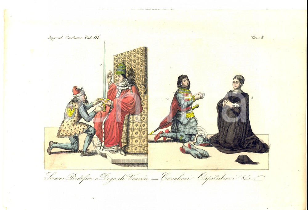 Stampa, bozzetto originale 1837 FERRARIO COSTUME ANTICO Sommo Pontefice e Doge di Venezia Stampa tav. 5 1