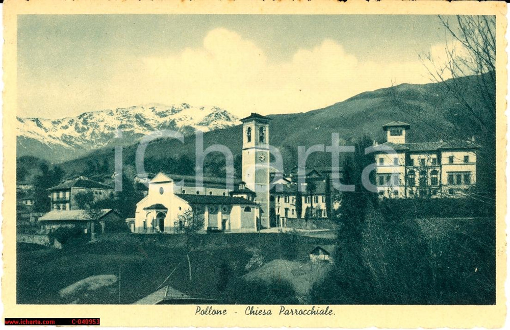 Cartolina originale da collezione 1930 Pollone (Biella) - Chiesa Parrocchiale e abitato 1