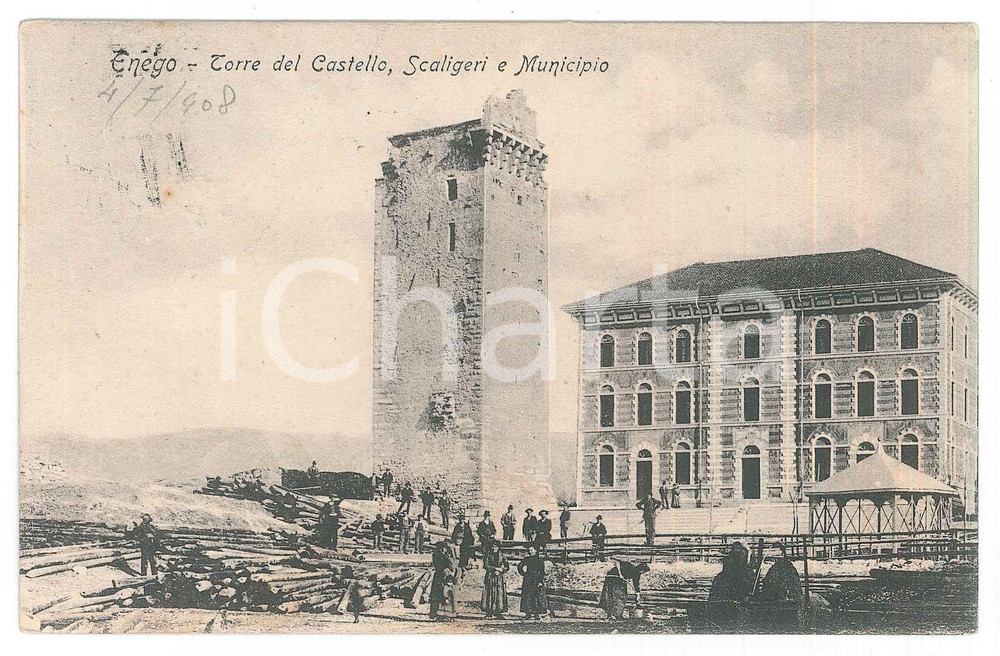 1908 ENEGO (VI) Torre del Castello, Scaligeri e Municipio  *Cartolina ANIMATA