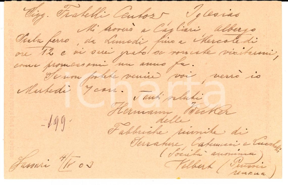 Documento originale, autentico 1903 SASSARI Hermann BECKLER Fabbriche riunite serrature e lucchetti Cartolina 1