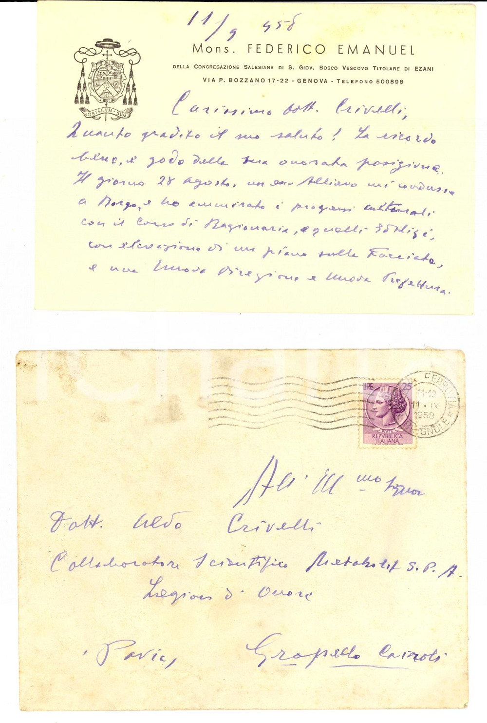 Autografo originale 1958 GENOVA Mons. Federico EMANUEL su Collegio DON BOSCO AUTOGRAFO 1