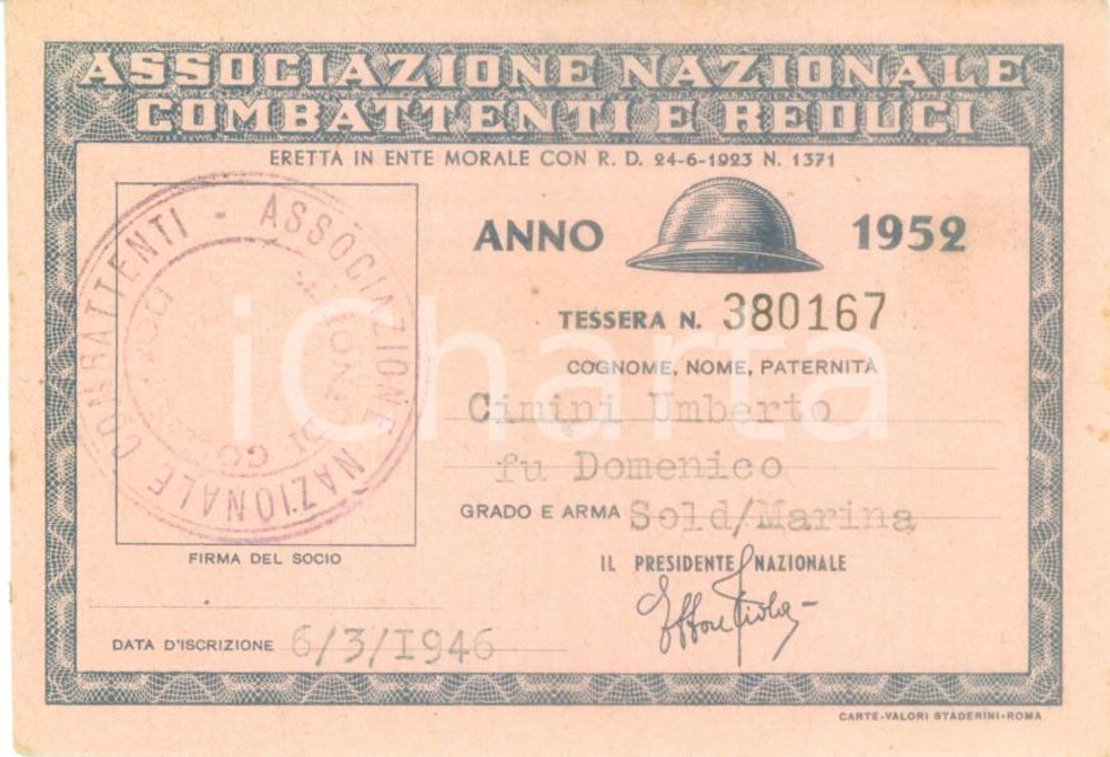 Oggetto da collezione cartaceo 1952 COLLESCIPOLI Associazione Nazionale Combattenti Tessera Umberto CIMINI 1