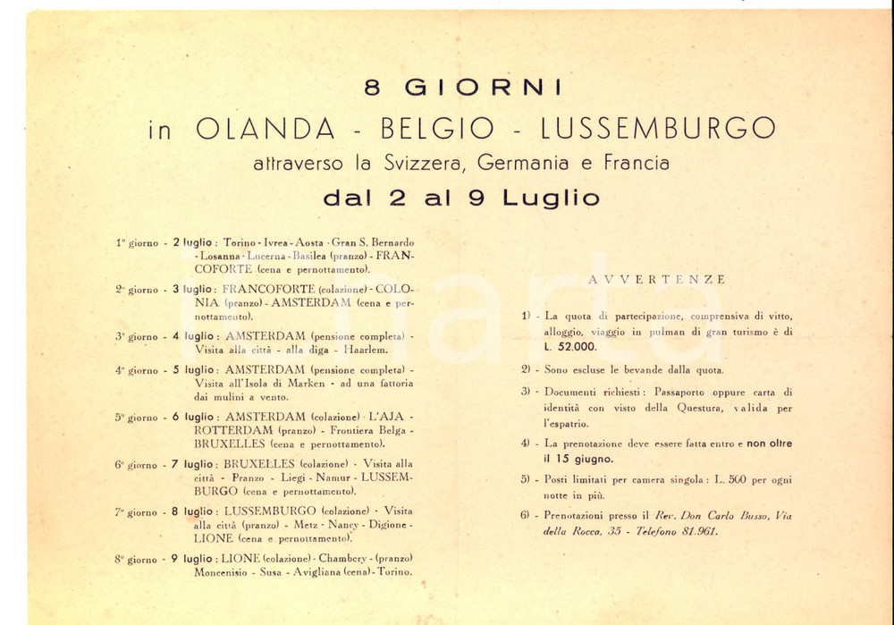 Materiale pubblicitario d’epoca 1950 ca TORINO Viaggio in OLANDA BELGIO LUSSEMBURGO Programma don Carlo Busso 1