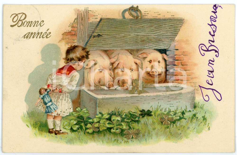 1905 BONNE ANNEE Child and pigs - GOOD LUCK SIGN - Vintage embossed postcard  Cartolina postale d'epoca, viaggiata.CONDIZIONI: GFORMATO: FP    originale e autentica 1