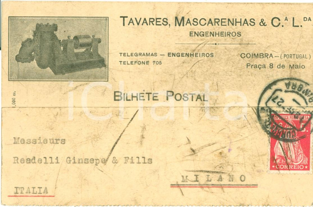 Cartolina originale da collezione 1927 COIMBRA PORTOGALLO SocietÃ  TAVARES MASCARENHAS & Co. Engenheiros FP VG 1
