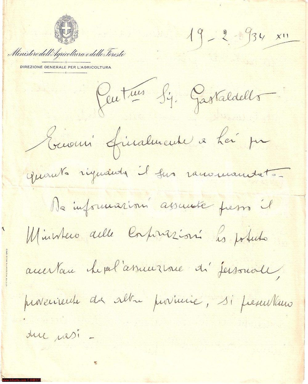 Documento originale, autentico 1934 ROMA Manfredo BEVILACQUA aiuta Mario GASTALDELLI 1