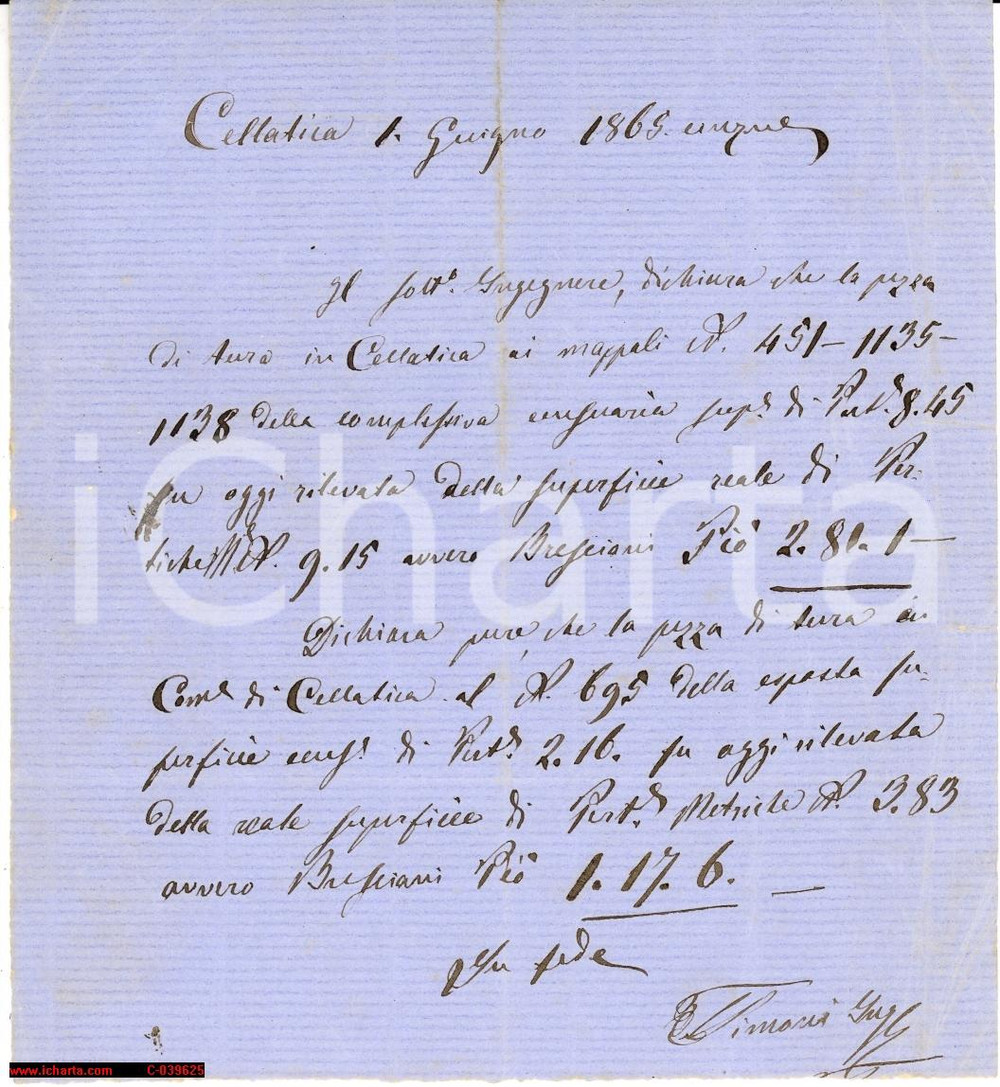 Documento originale, autentico 1865 CELLATICA (BS) modifica catasto podere ing. SIMONI 1