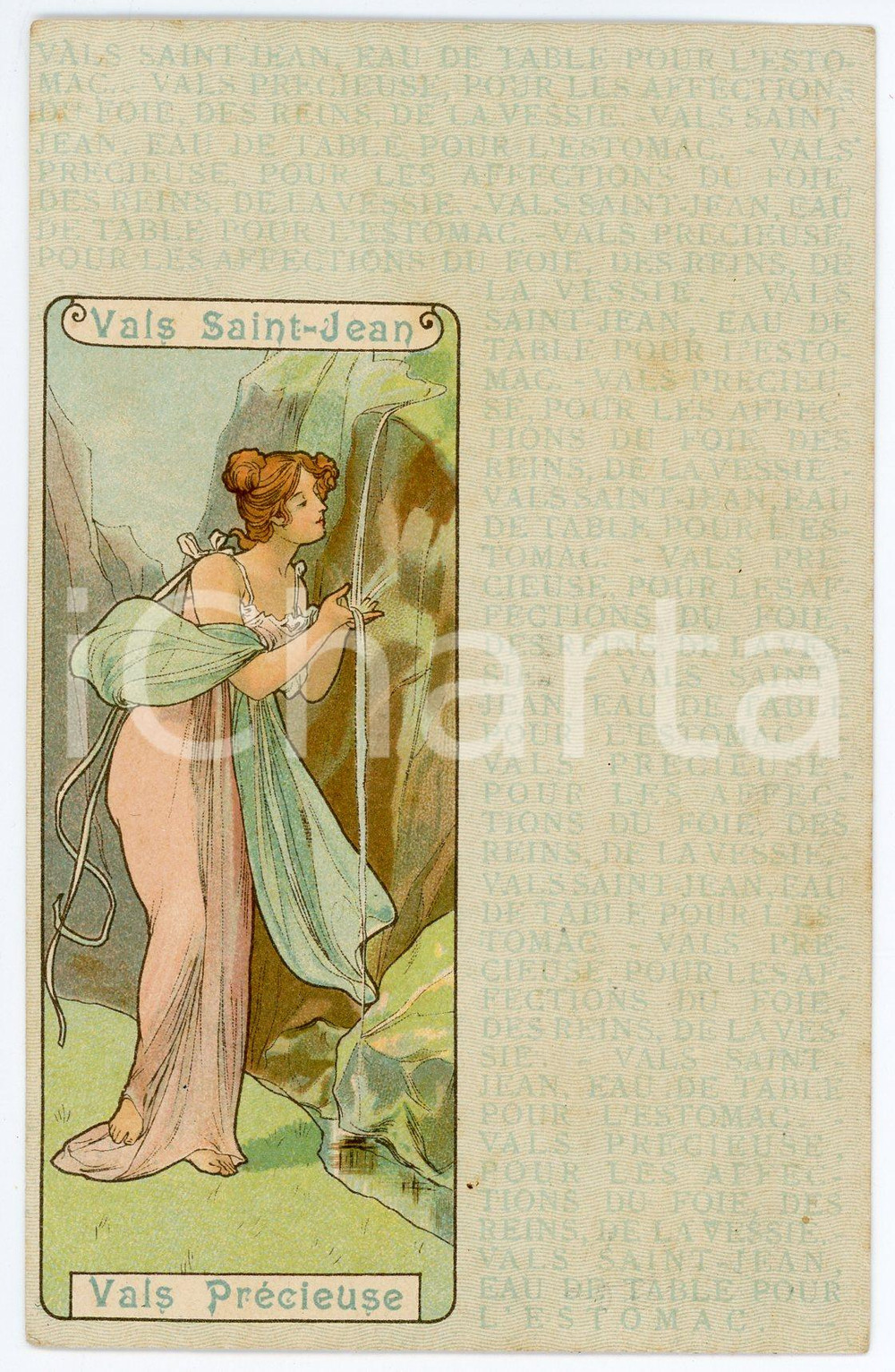 1900 ca ART NOUVEAU Eau de table Vals SAINT-JEAN Vals Précieuse Postcard 1  Cartolina postale d'epoca, illustrata, non viaggiata.CONDIZIONI: G (minimi ingiallimenti; piccola piegatura angolare)FORMATO: FP    originale e autentica 1