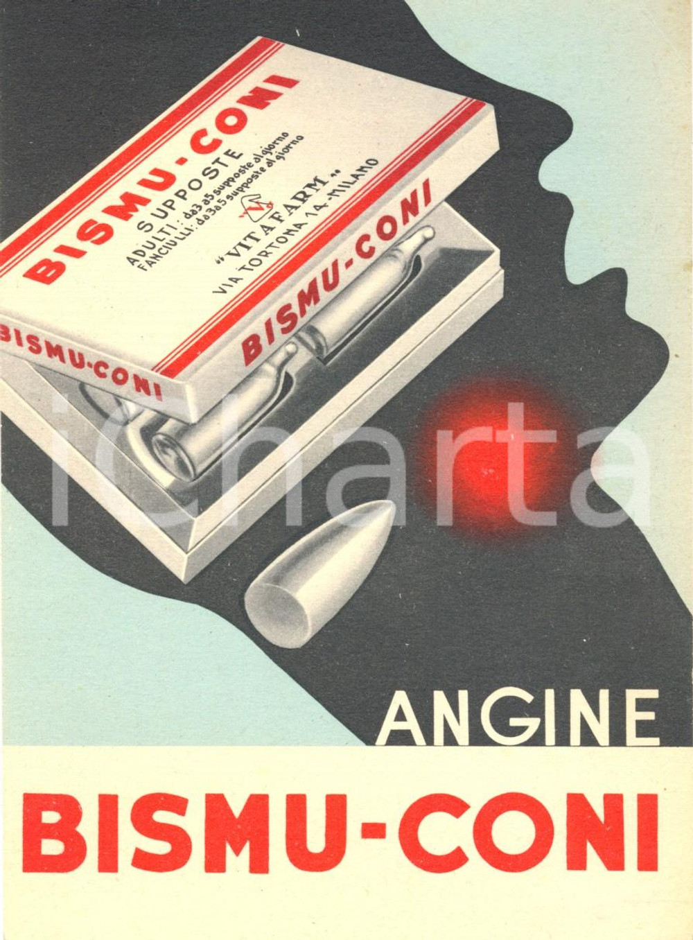 Materiale pubblicitario d’epoca 1953 FARMACEUTICA  Angine BISMU CONI Vitafarm cartoncino 1