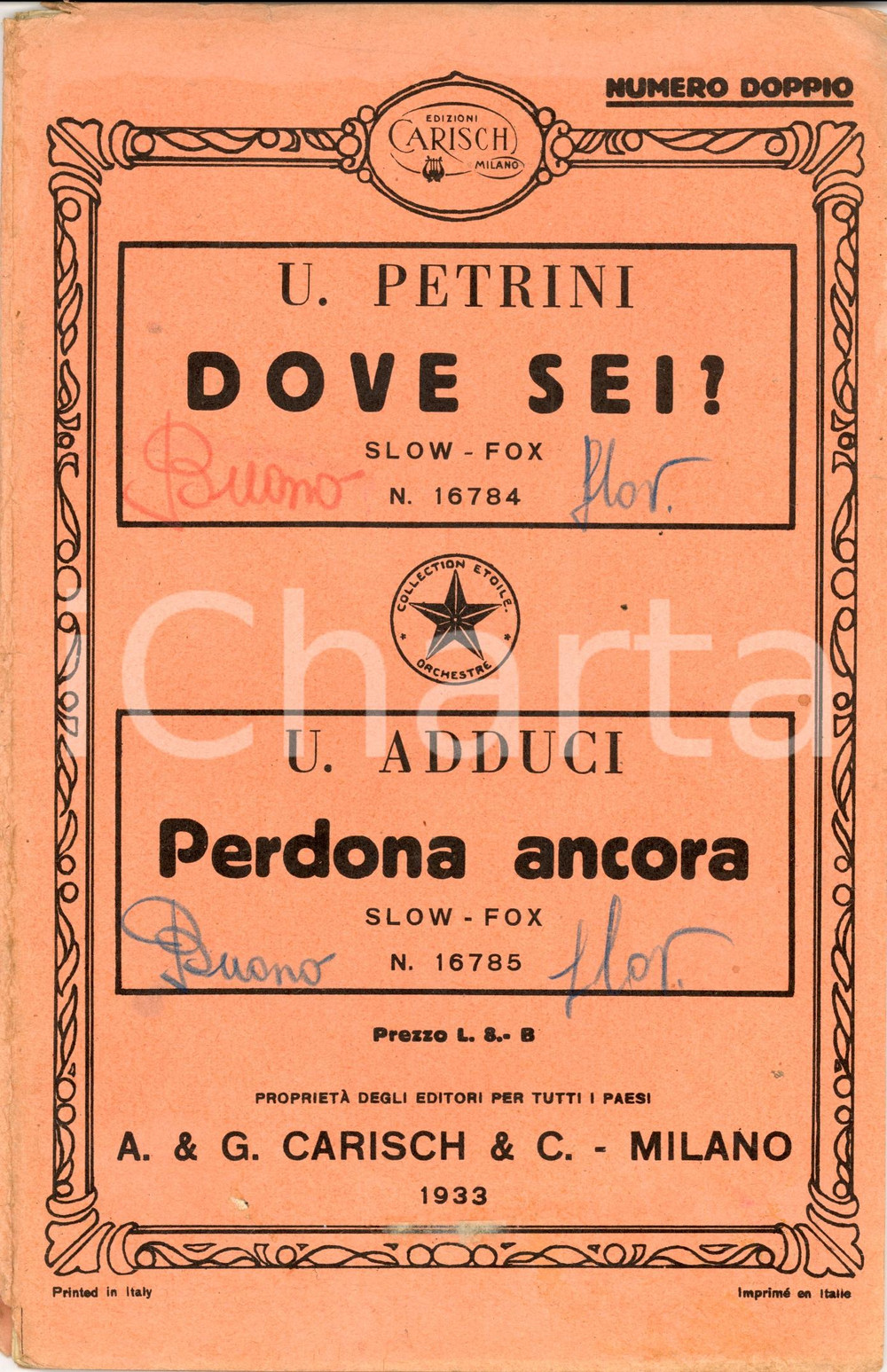 Oggetto da collezione cartaceo 1933 Ugo PETRINI Dove sei? Ugo ADDUCCI Perdona ancora Spartito 38 pagine 1