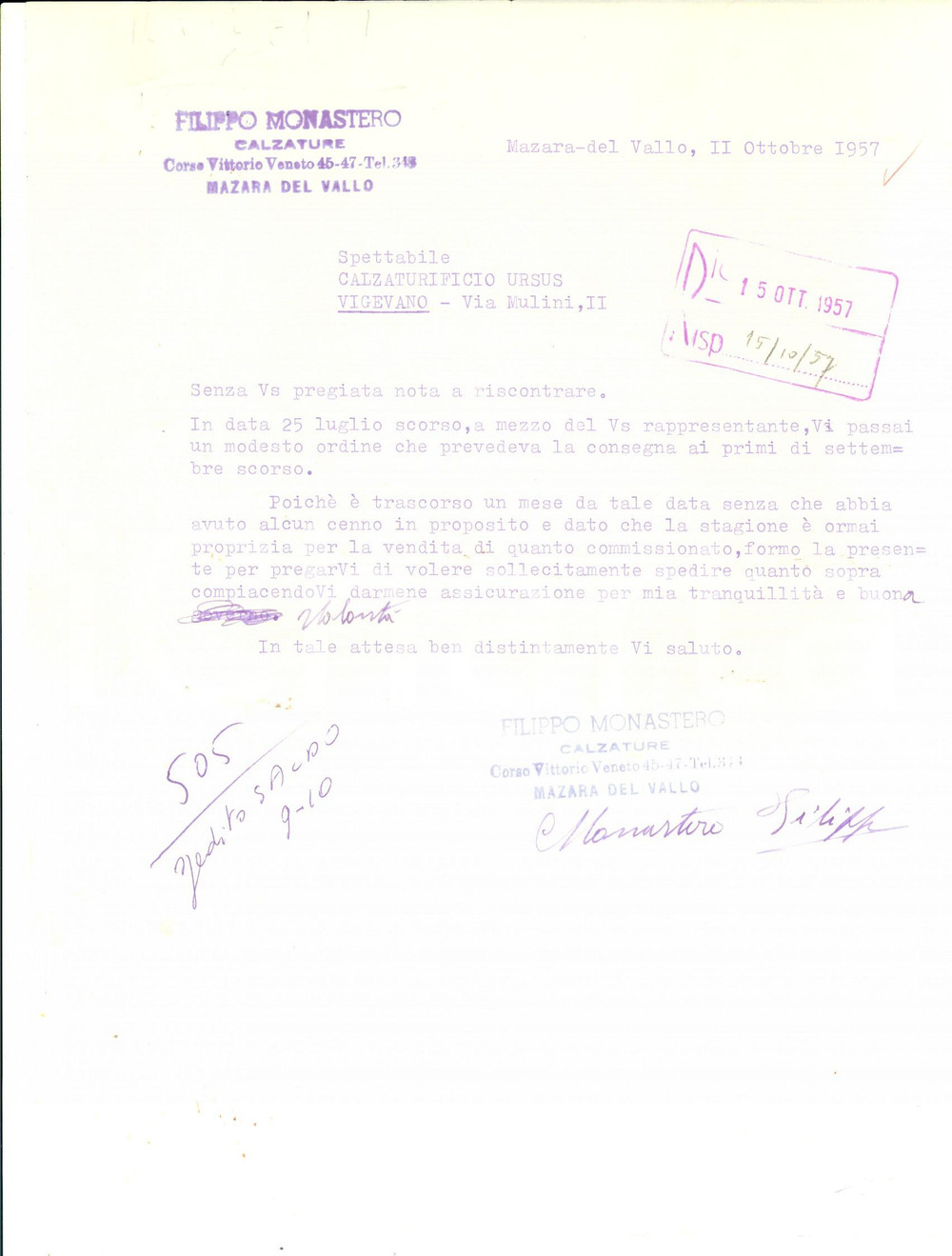 Manoscritto, lettera originale 1957 MAZARA DEL VALLO Filippo MONASTERO al calzaturificio URSUS di VIGEVANO 1