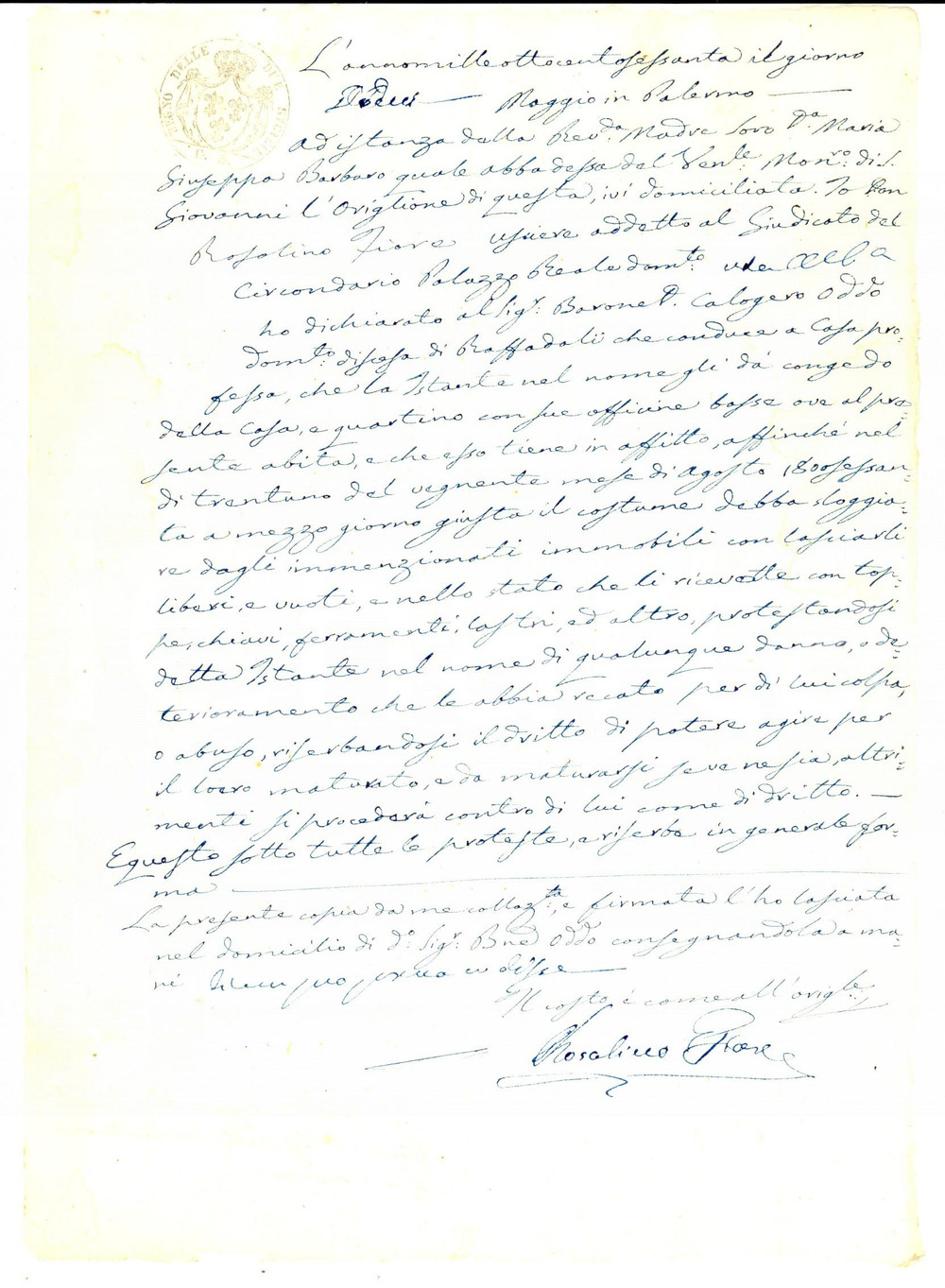 Documento originale, autentico 1860 PALERMO Monache SAN GIOVANNI DELL ORIGLIONE sfrattano barone Calogero ODDO 1