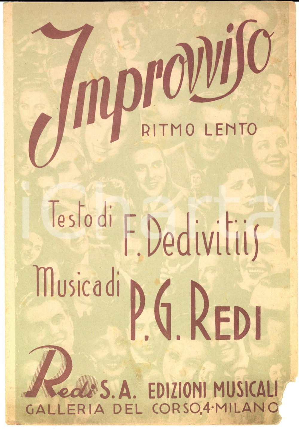 Oggetto da collezione cartaceo 1942 F. DEDIVITIIS   P. G. REDI  Improvviso  Ritmo lento Spartito ed. REDI 1