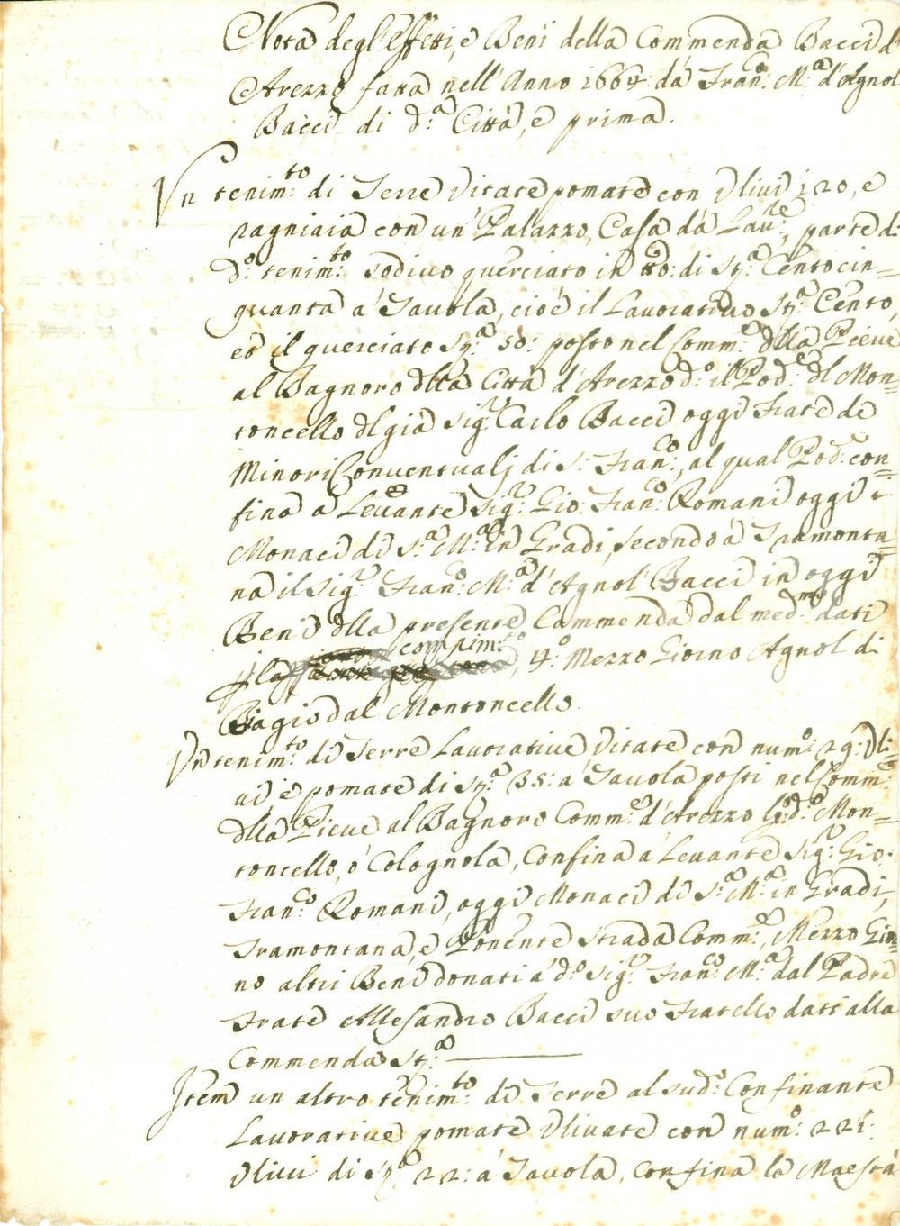 Documento originale, autentico 1664 AREZZO Elenco dei beni della Commenda BACCI Documento 1
