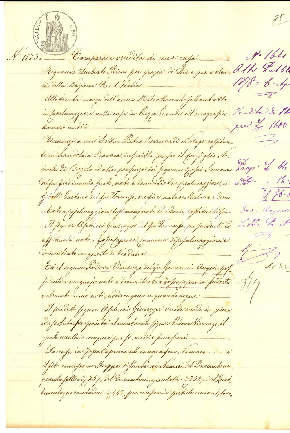 Documento originale, autentico 1878 FOSSACAPRARA CR Giuseppe ASCHIERI vende casa a Vincenzo PADOVA 1