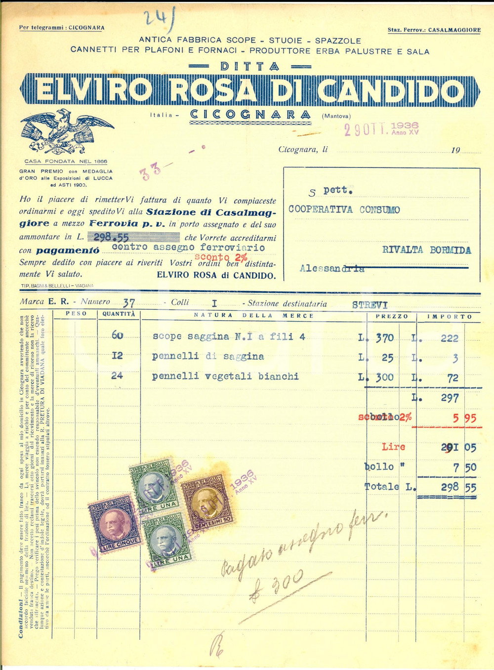Documento originale, autentico 1936 CICOGNARA MN Ditta Elviro ROSA di Candino Fabbrica scope Fattura 1