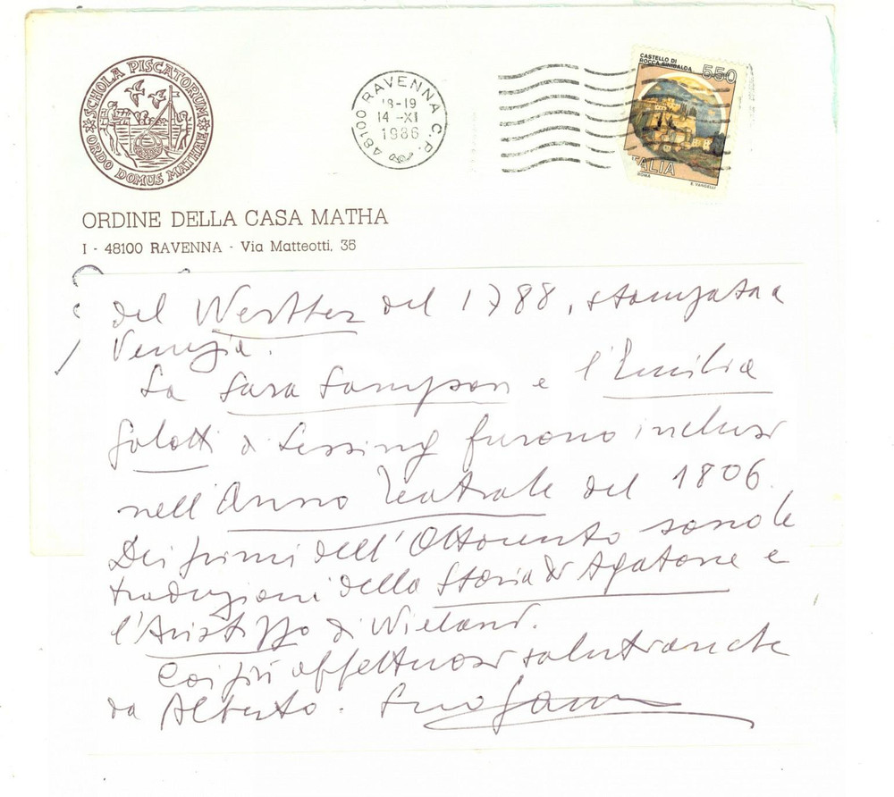 Autografo originale 1986 MASSONERIA RAVENNA Giordano GAMBERINI su opere del  700 tradotte Autografo 1