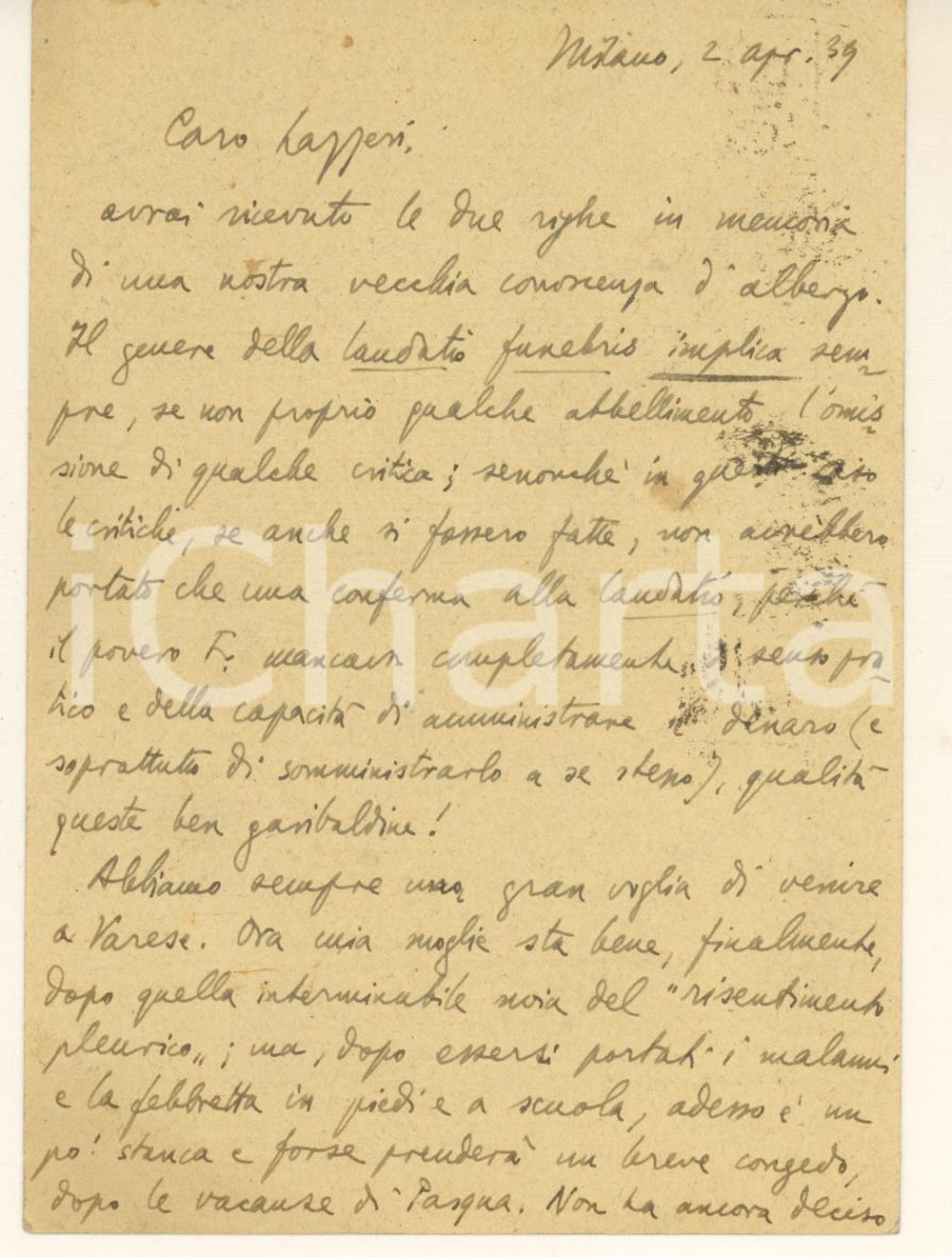 Autografo originale 1939 MILANO Vittorio Enzo ALFIERI desidera una gita a Varese *Autografo 1