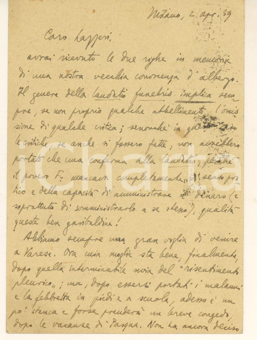 Autografo originale 1939 MILANO Vittorio Enzo ALFIERI desidera una gita a Varese Autografo 1