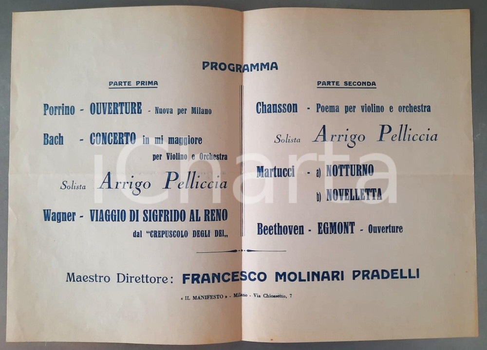 Materiale pubblicitario d’epoca 1937 MILANO Conservatorio - Concerto del violinista Arrigo PELLICCIA - Programma 1