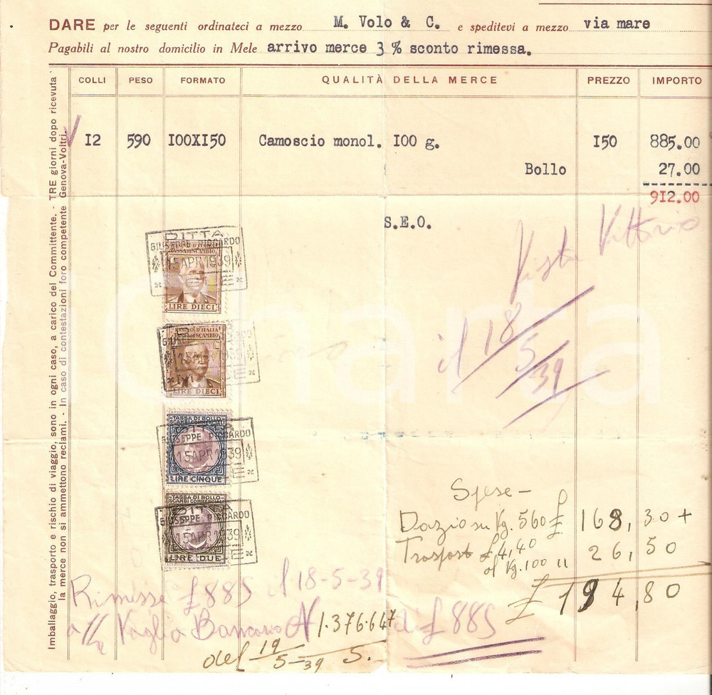 Documento originale, autentico 1939 MELE GE Ditta Giuseppe PICCARDO Cartiera Fattura intestata per camoscio 1