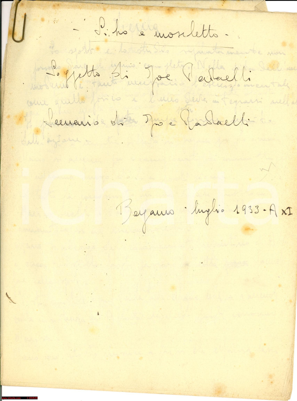 Autografo originale 1933 BERGAMO Libro e moschetto Giuseppe RADAELLI Manoscritto inedito AUTOGRAFO 1