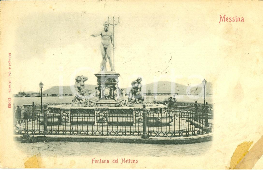 1900 ca MESSINA Fontana del NETTUNO *Cartolina postale DANNEGGIATA FP VG