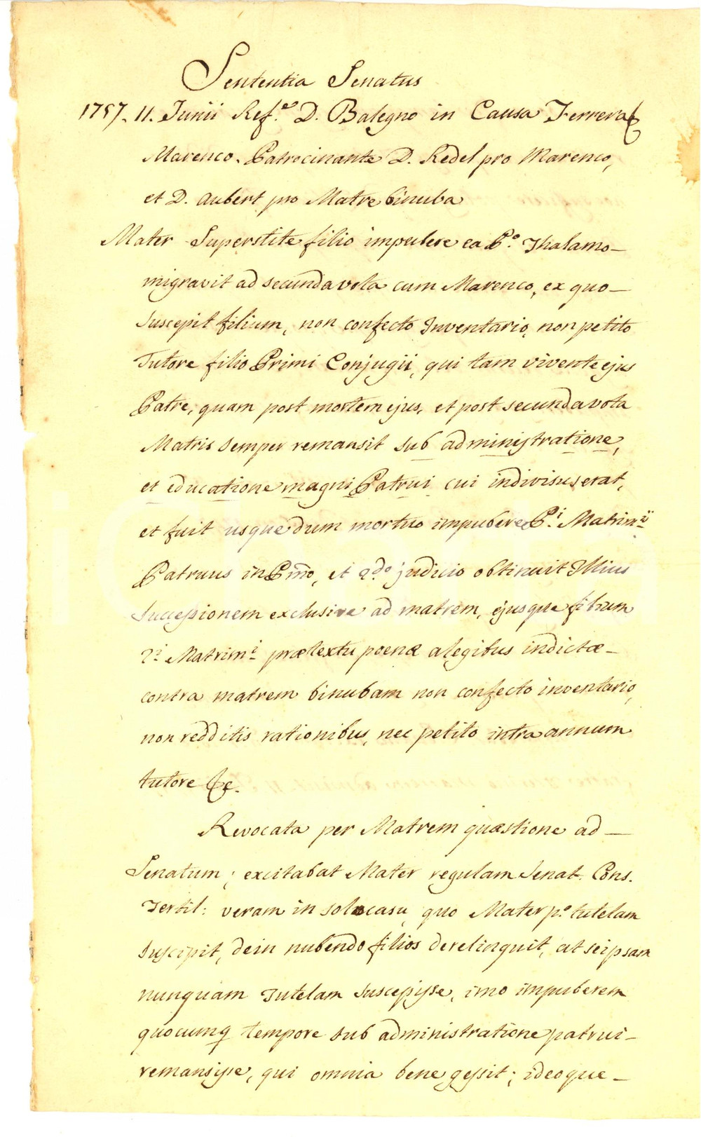 Documento originale, autentico 1757 TORINO Lite FERRERA  MARENCO per diritti figlio minorenne di primo letto 1