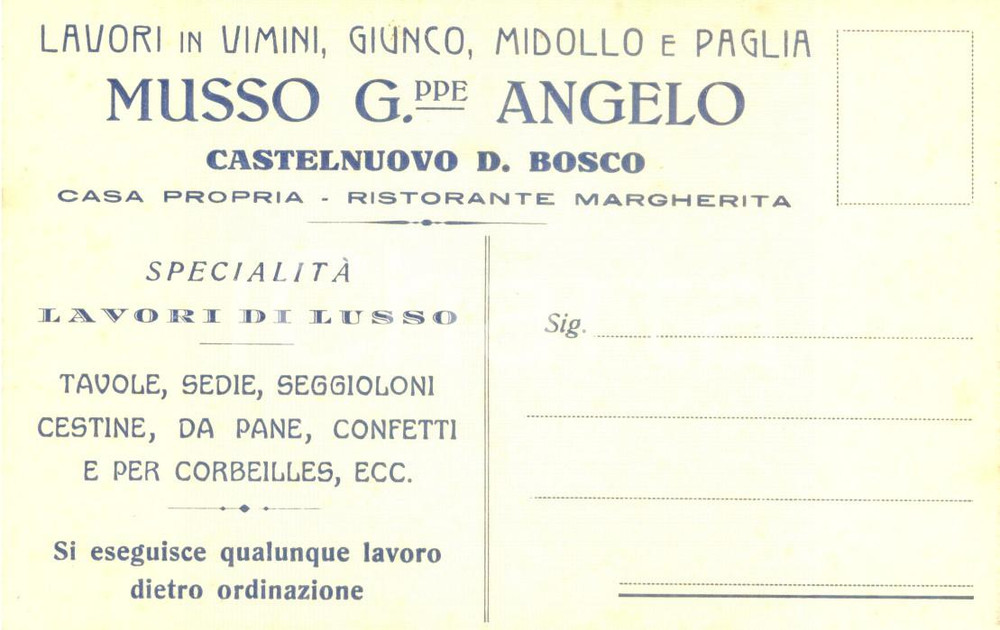 Cartolina originale da collezione 1930 ca CASTELNUOVO DON BOSCO Giuseppe Angelo MUSSO lavori in vimini giunco 3 1