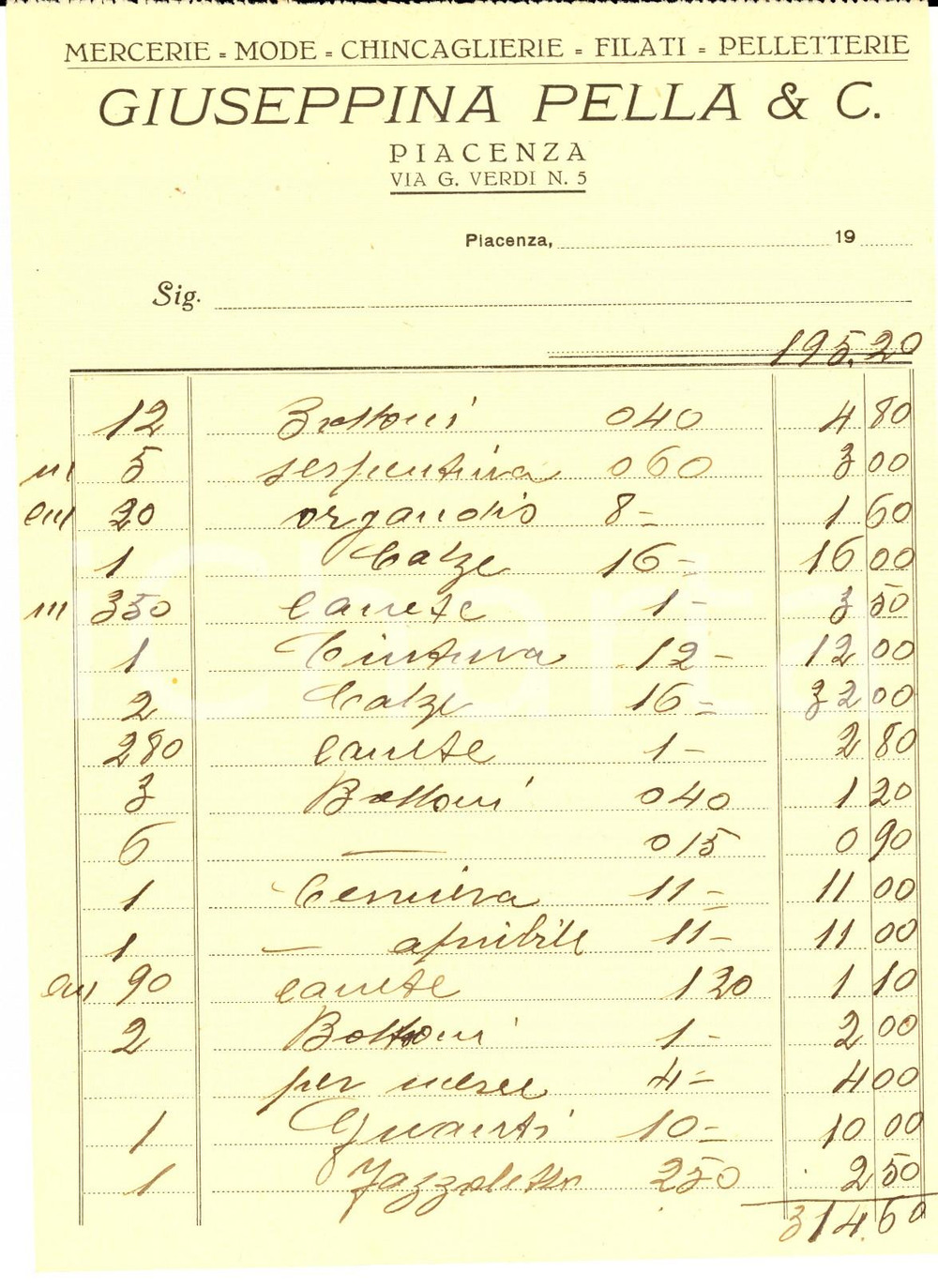 Documento originale, autentico 1930 ca PIACENZA Giuseppina PELLA mercerie e mode Fattura manoscritta 1