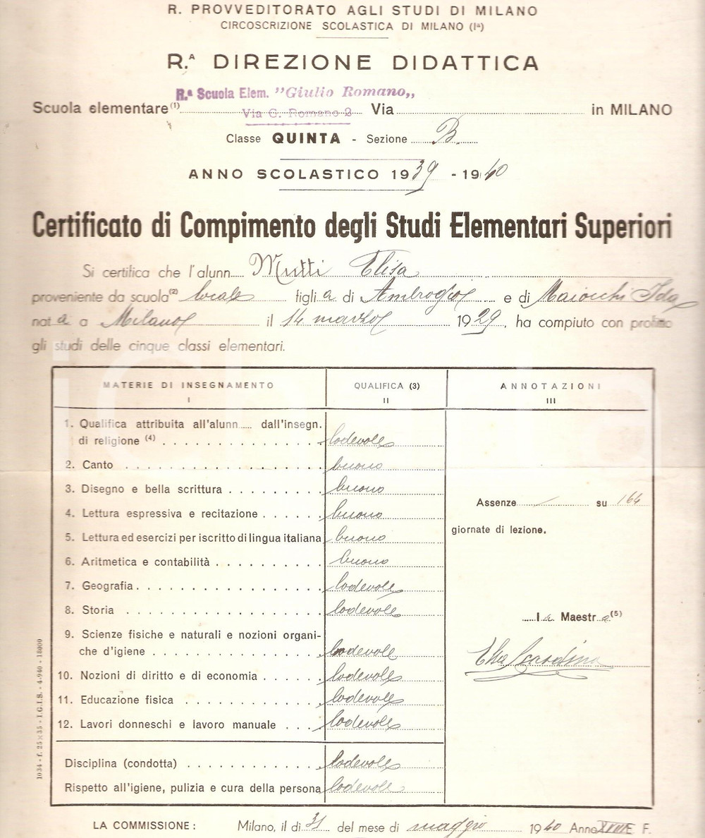 Oggetto da collezione cartaceo 1940 MILANO Scuola Element. ROMANO Pagella Elisa MUTTI 1