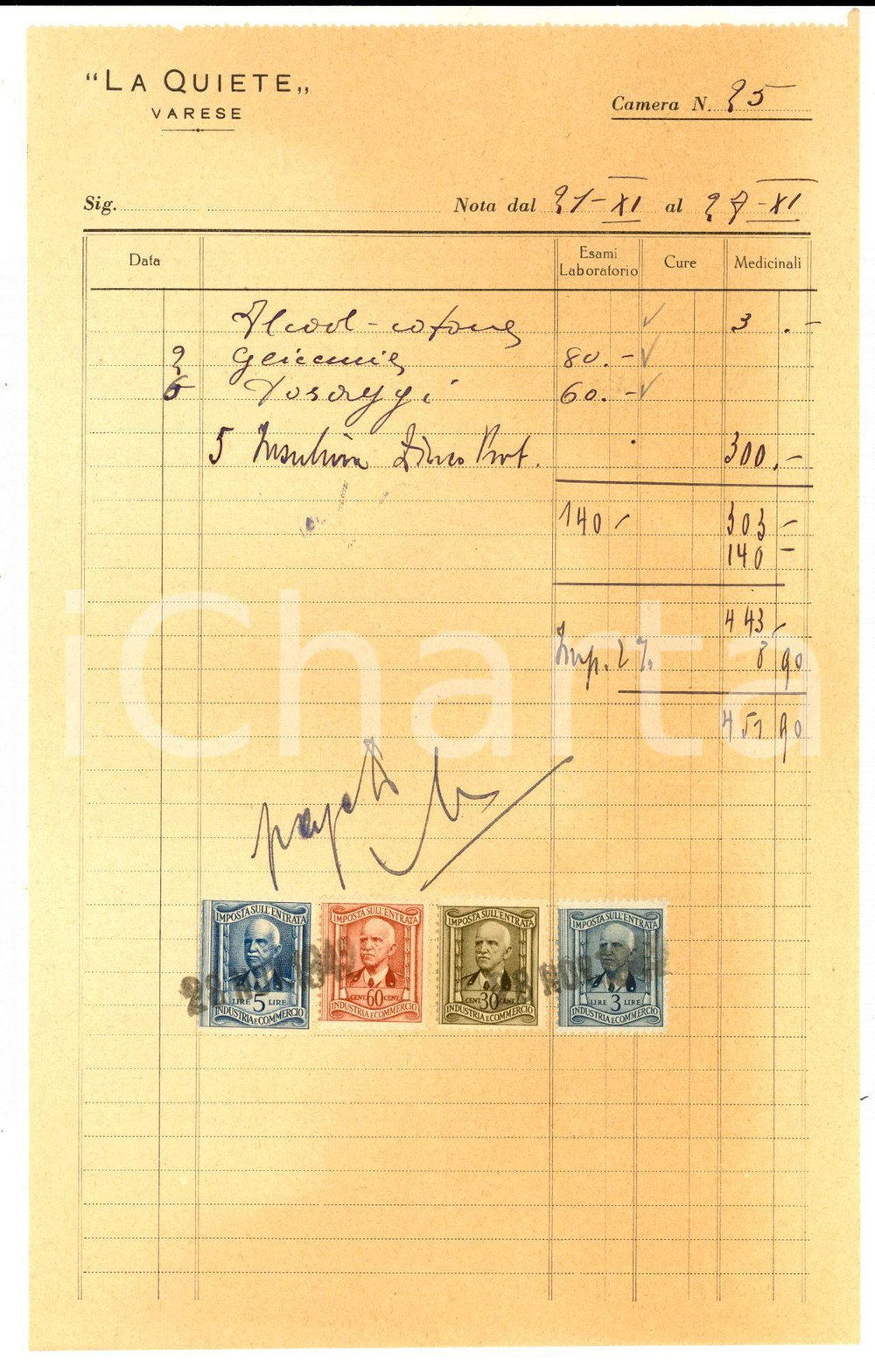 Documento originale, autentico 1943 VARESE Casa di Cura LA QUIETE  Ricevuta con bolli 1