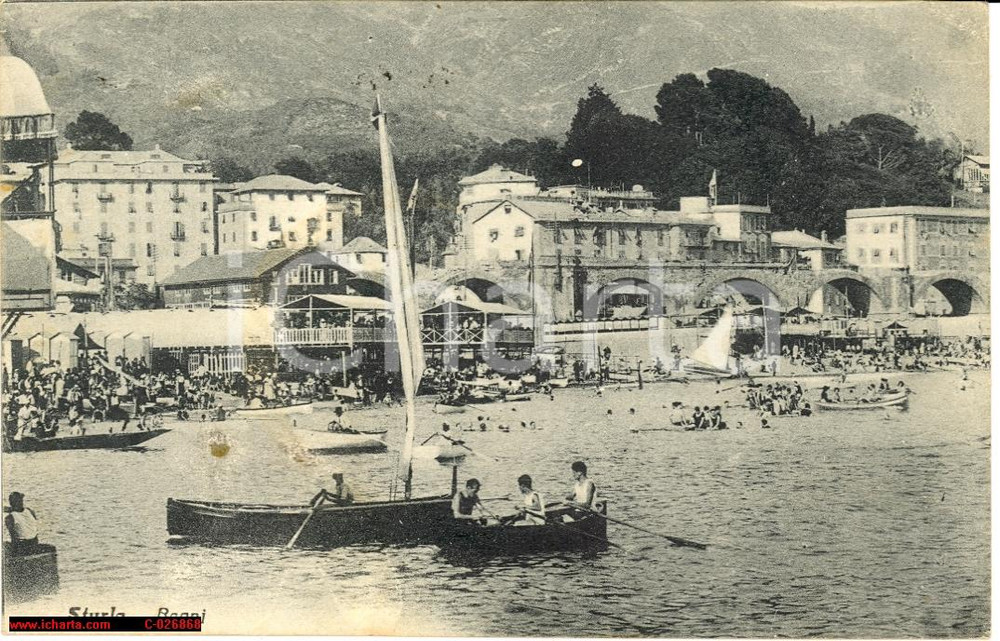 Cartolina originale da collezione 1923 Sturla Bagni *Immagine animata con vele e bagnanti 1