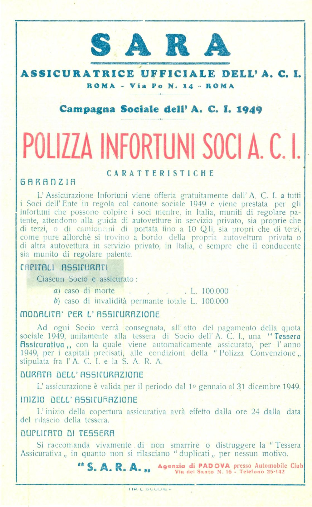 Materiale pubblicitario d’epoca 1949 PADOVA Assicuratrice SARA Campagna sociale A.C.I. Furti mobili 1