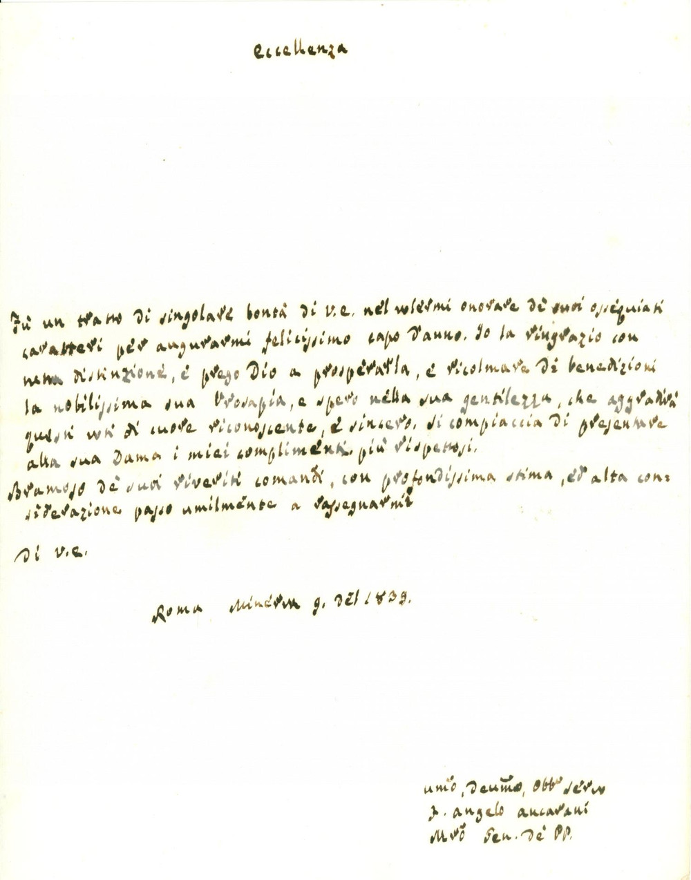 Autografo originale 1839 ROMA Inquisitore Angelo ANCARANI ricambia auguri Capodanno AUTOGRAFO 1