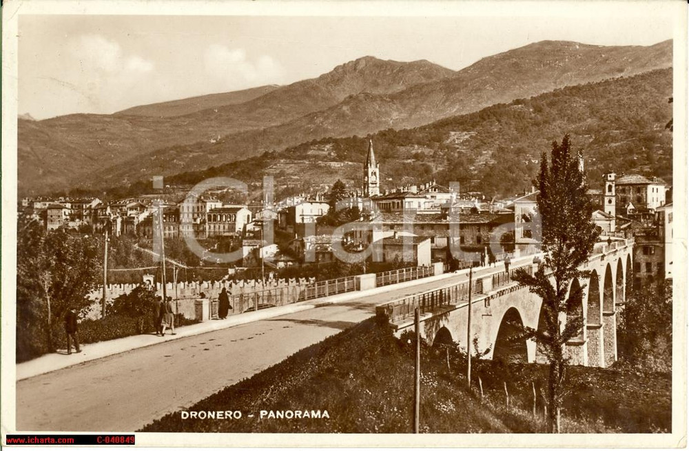 Cartolina originale da collezione 1940 Dronero CN Veduta animata del ponte FP VG 1
