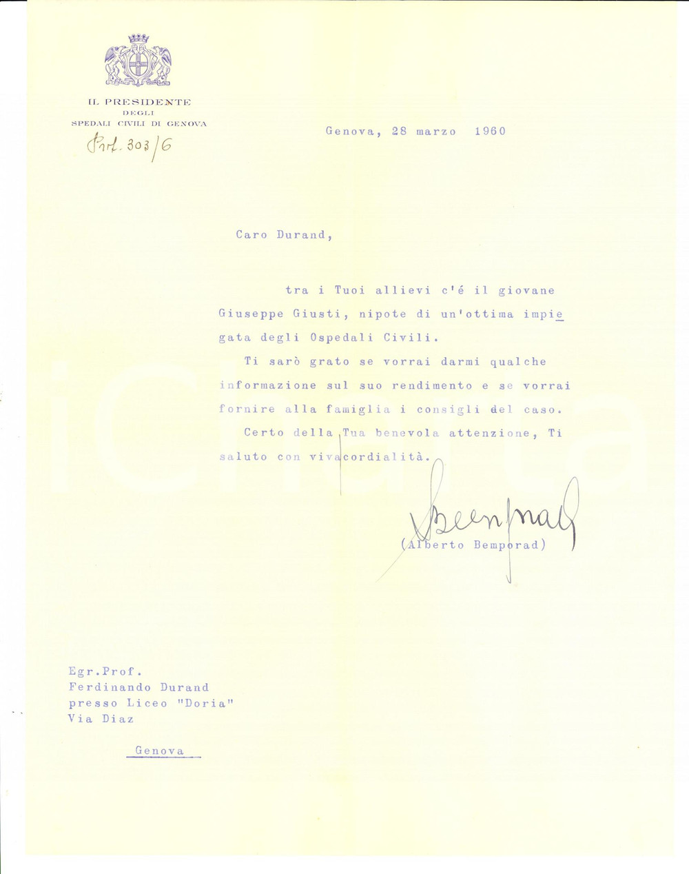 Autografo originale 1960 GENOVA Lettera Alberto BEMPORAD a Ferdinando DURAND Autografo 1
