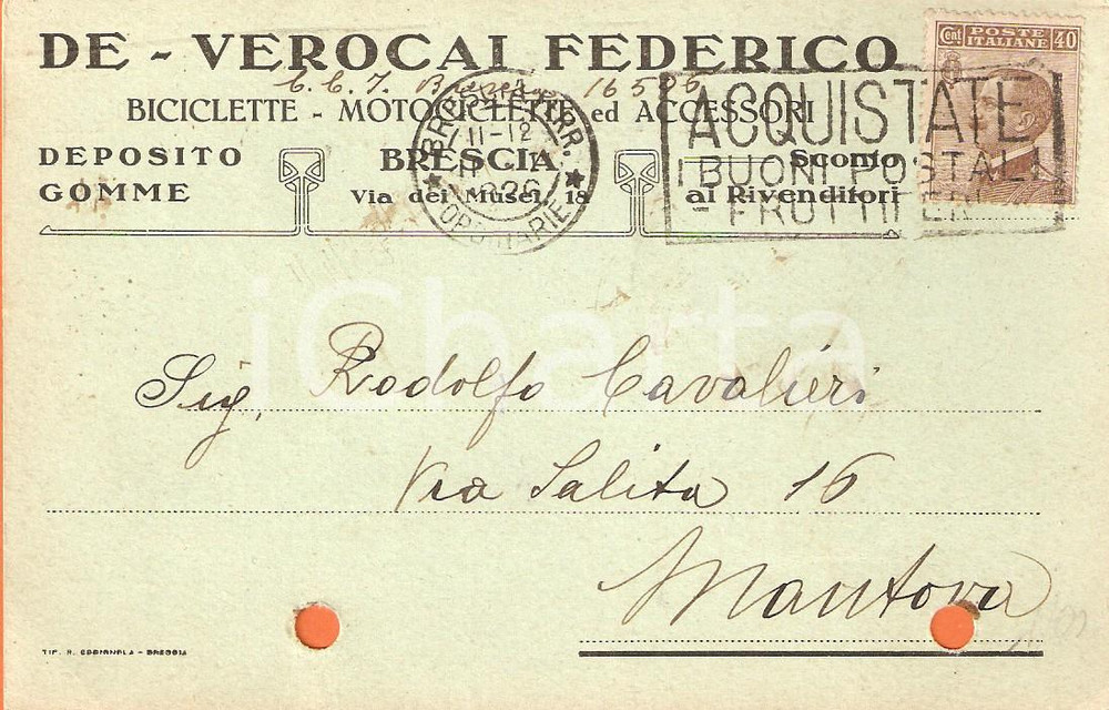 Cartolina originale da collezione 1926 BRESCIA Federico DE VEROCAI Biciclette e motociclette Cartolina commerciale 1