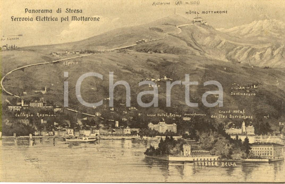 Cartolina originale da collezione 1915 ca STRESA (VB) Veduta paese con Isola BELLA ferrovia elettrica MOTTARONE FP 1