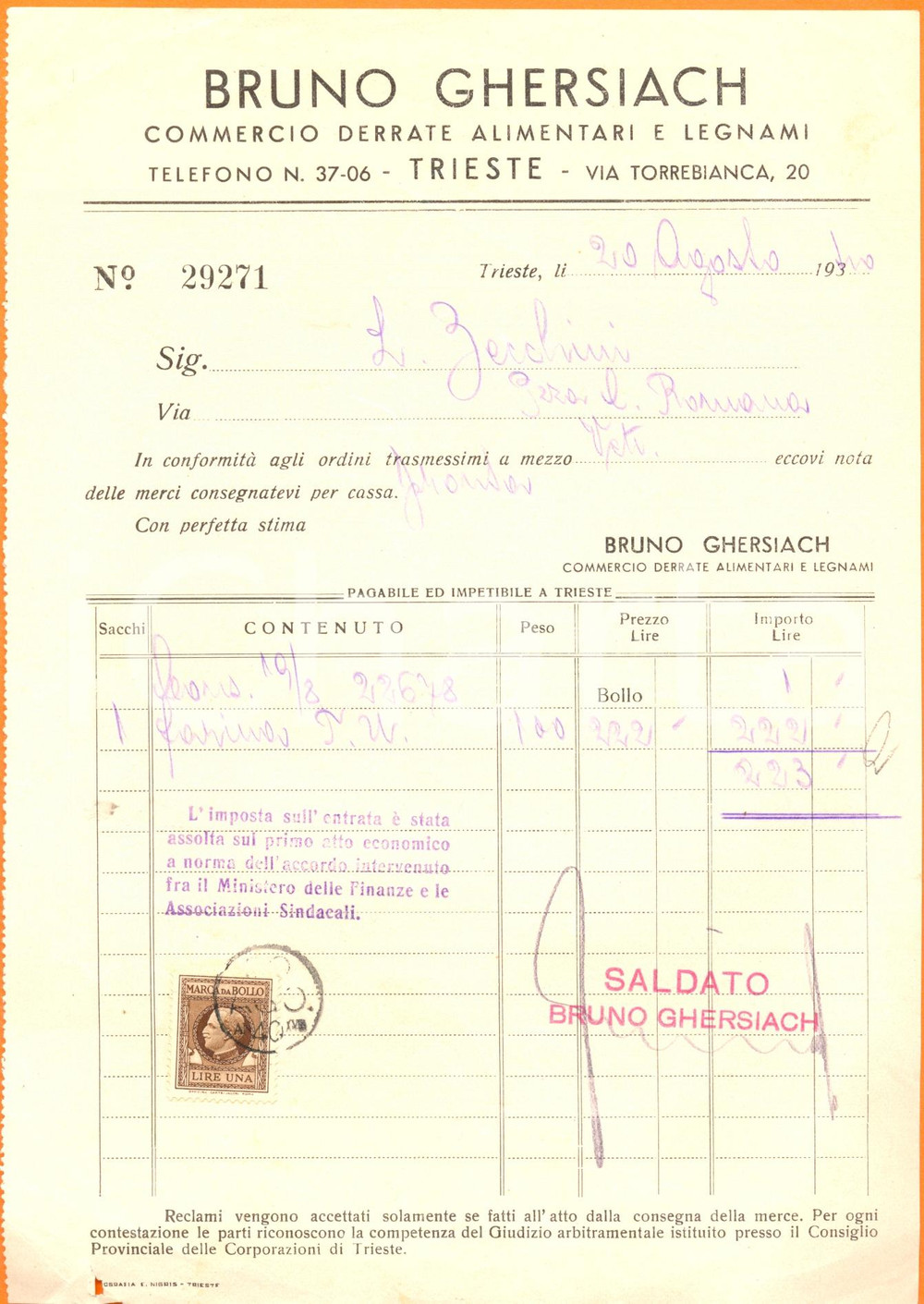 Documento originale, autentico 1940 TRIESTE Bruno GERSIACH derrate alimentari e legnami fornitura farina 1