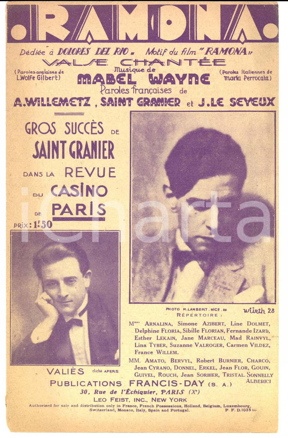Oggetto da collezione cartaceo 1927 WILLEMETZ - SAINT GRANIER - LE SEYEUX - WAYNE Ramona *Musica dal film 1