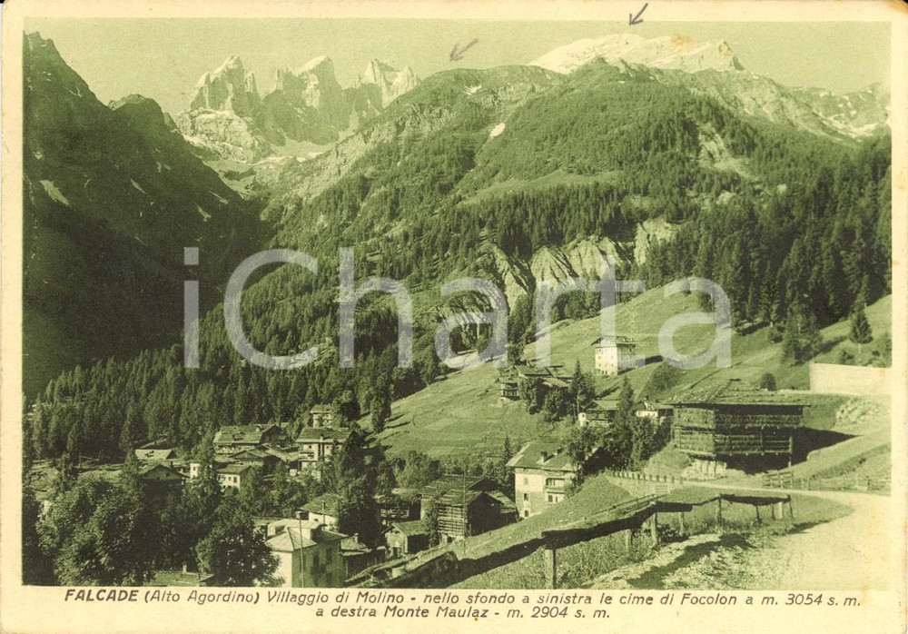 Cartolina originale da collezione 1936 FALCADE (BL) Veduta di MOLINO con Cima FOCOLON e Monte MAULAZ *FG VG 1