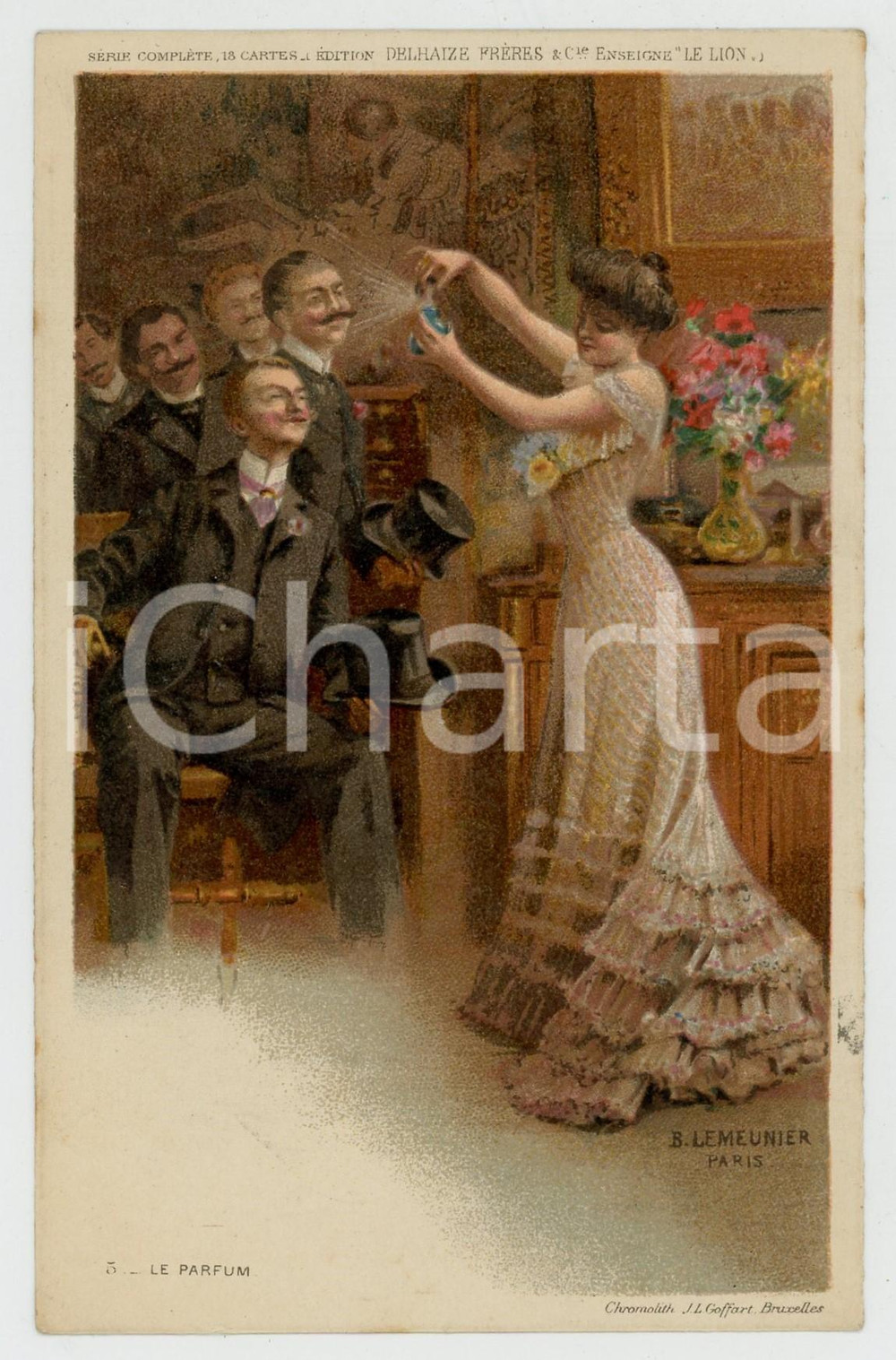1910 ca Artist Basile LEMEUNIER - DELHAIZE FrÃ¨res -  Le parfum *Postcard nÂ°5  Cartolina postale d'epoca, non viaggiata.CONDIZIONI: GFORMATO: FP     originale e autentica 1